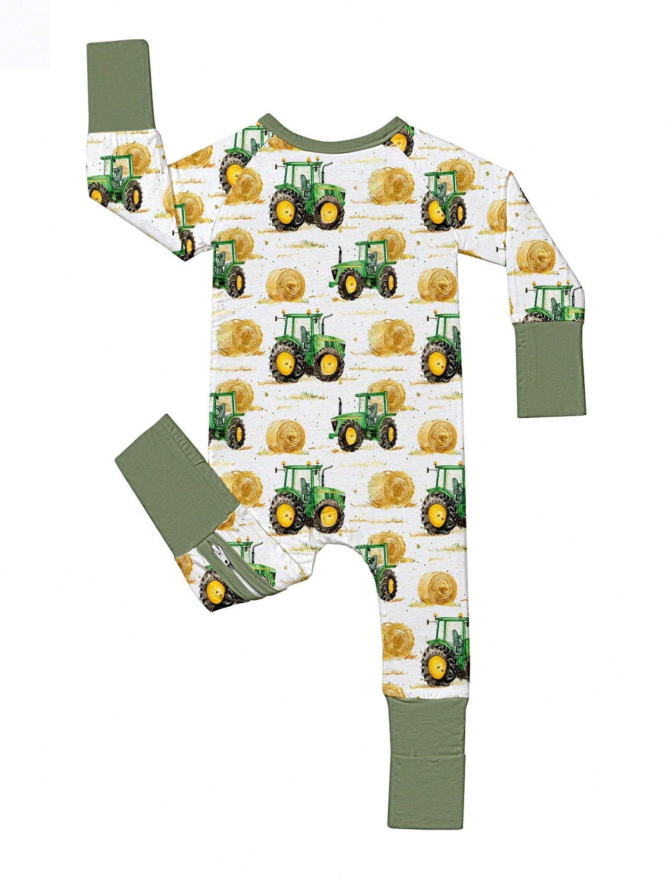 Baby Bamboo Fiber Zip-Up, Farm Car Harvester Print Romper, All-Season Knit Fabric Skinny Fit With Zipper Detail, Boy Baby Clothes, Perfect For Outdoor