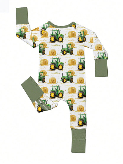 Baby Bamboo Fiber Zip-Up, Farm Car Harvester Print Romper, All-Season Knit Fabric Skinny Fit With Zipper Detail, Boy Baby Clothes, Perfect For Outdoor