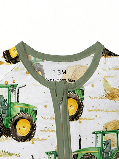 Baby Bamboo Fiber Zip-Up, Farm Car Harvester Print Romper, All-Season Knit Fabric Skinny Fit With Zipper Detail, Boy Baby Clothes, Perfect For Outdoor