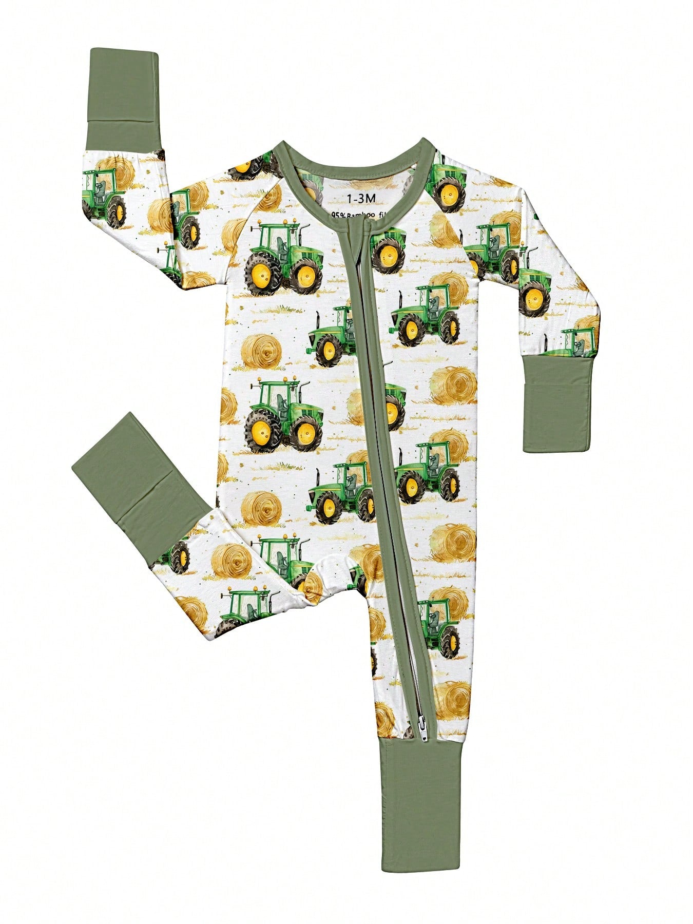 Baby Bamboo Fiber Zip-Up, Farm Car Harvester Print Romper, All-Season Knit Fabric Skinny Fit With Zipper Detail, Boy Baby Clothes, Perfect For Outdoor