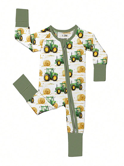 Baby Bamboo Fiber Zip-Up, Farm Car Harvester Print Romper, All-Season Knit Fabric Skinny Fit With Zipper Detail, Boy Baby Clothes, Perfect For Outdoor