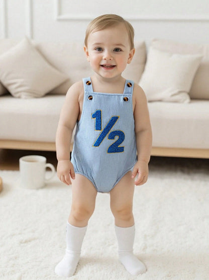 Baby Boy 1/2 Birthday Outfit Sleeveless Corduroy Overalls Half Way To One Cake Smash Romper For Half Birthday Party
