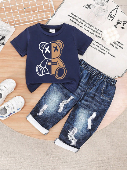 Baby Boy 2pcs Cute Cartoon Bear Graphic Print T-Shirt And Denim Like Print Long Pants Set, Comfortable Summer, Lightweight