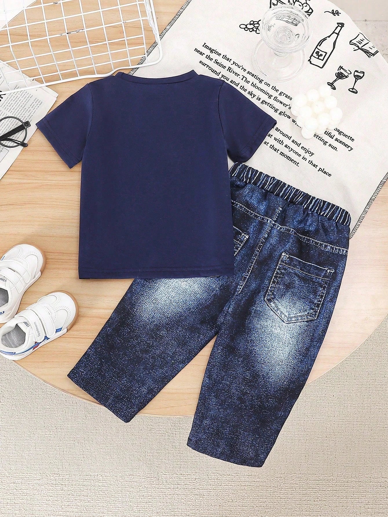 Baby Boy 2pcs Cute Cartoon Bear Graphic Print T-Shirt And Denim Like Print Long Pants Set, Comfortable Summer, Lightweight