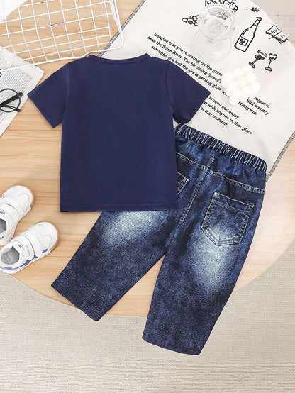 Baby Boy 2pcs Cute Cartoon Bear Graphic Print T-Shirt And Denim Like Print Long Pants Set, Comfortable Summer, Lightweight