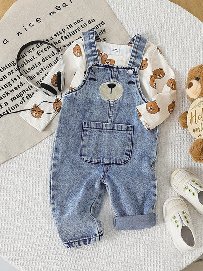Baby Boy 2pcs/Set Fashionable Cute Ribbed Bear Print Long Sleeve Top And Expression Embroidery Pocket Decor Shoulder Strap Jumpsuit Set, Comfortable Outfit For Autumn/Winter
