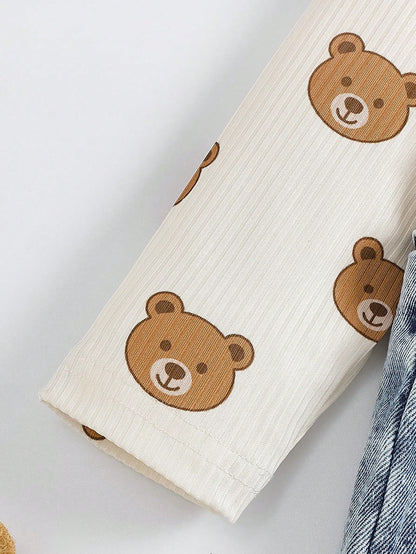Baby Boy 2pcs/Set Fashionable Cute Ribbed Bear Print Long Sleeve Top And Expression Embroidery Pocket Decor Shoulder Strap Jumpsuit Set, Comfortable Outfit For Autumn/Winter