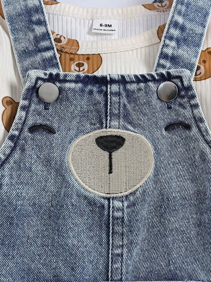 Baby Boy 2pcs/Set Fashionable Cute Ribbed Bear Print Long Sleeve Top And Expression Embroidery Pocket Decor Shoulder Strap Jumpsuit Set, Comfortable Outfit For Autumn/Winter