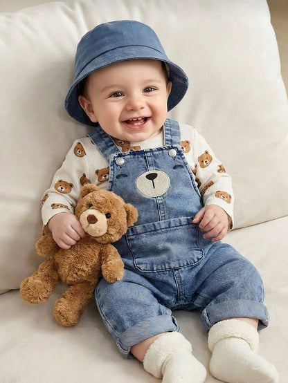 Baby Boy 2pcs/Set Fashionable Cute Ribbed Bear Print Long Sleeve Top And Expression Embroidery Pocket Decor Shoulder Strap Jumpsuit Set, Comfortable Outfit For Autumn/Winter