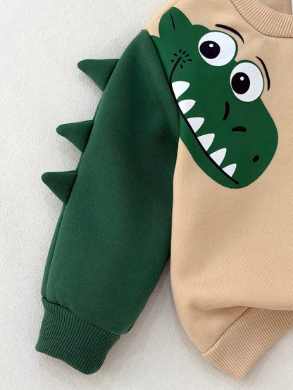 Baby Boy Cartoon 3D Dinosaur Pattern Knitted Soft Crew Neck Long Sleeve Pullover Autumn Sweatshirt Colorblock Dinosaur