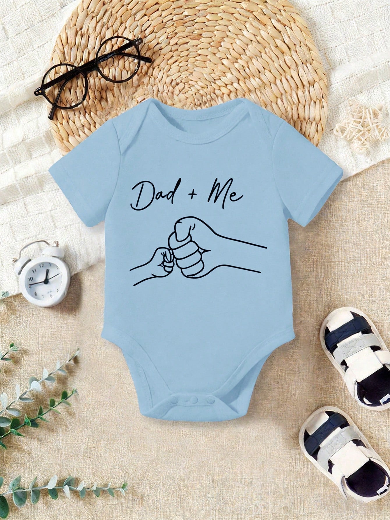 Baby Boy Casual Cartoon Dad + Me Fist Bump Print Short Sleeve Bodysuit, Suitable For Spring/Summer
