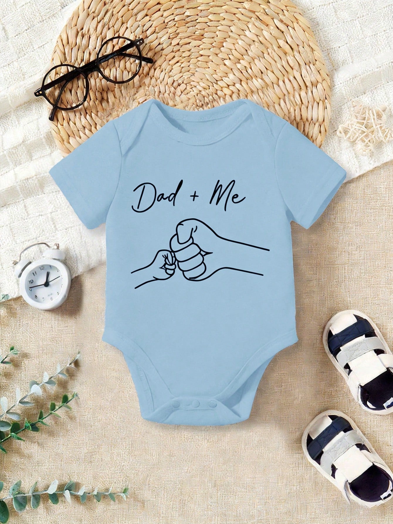 Baby Boy Casual Cartoon Dad + Me Fist Bump Print Short Sleeve Bodysuit, Suitable For Spring/Summer
