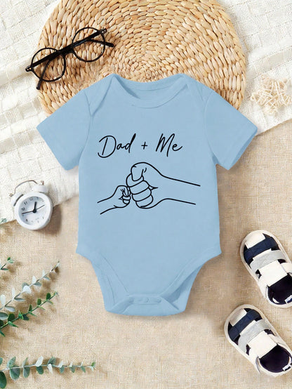 Baby Boy Casual Cartoon Dad + Me Fist Bump Print Short Sleeve Bodysuit, Suitable For Spring/Summer