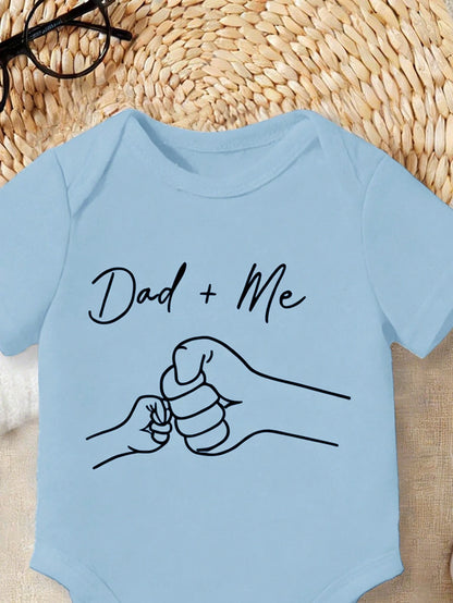 Baby Boy Casual Cartoon Dad + Me Fist Bump Print Short Sleeve Bodysuit, Suitable For Spring/Summer
