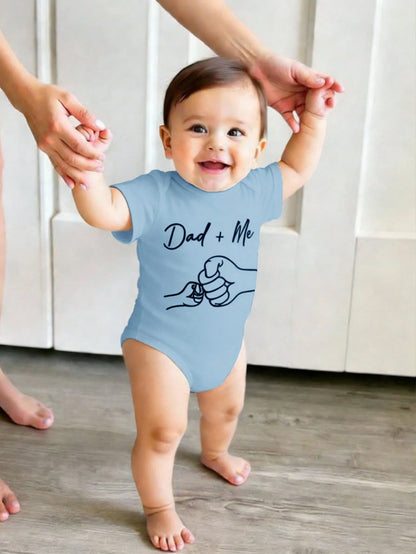 Baby Boy Casual Cartoon Dad + Me Fist Bump Print Short Sleeve Bodysuit, Suitable For Spring/Summer