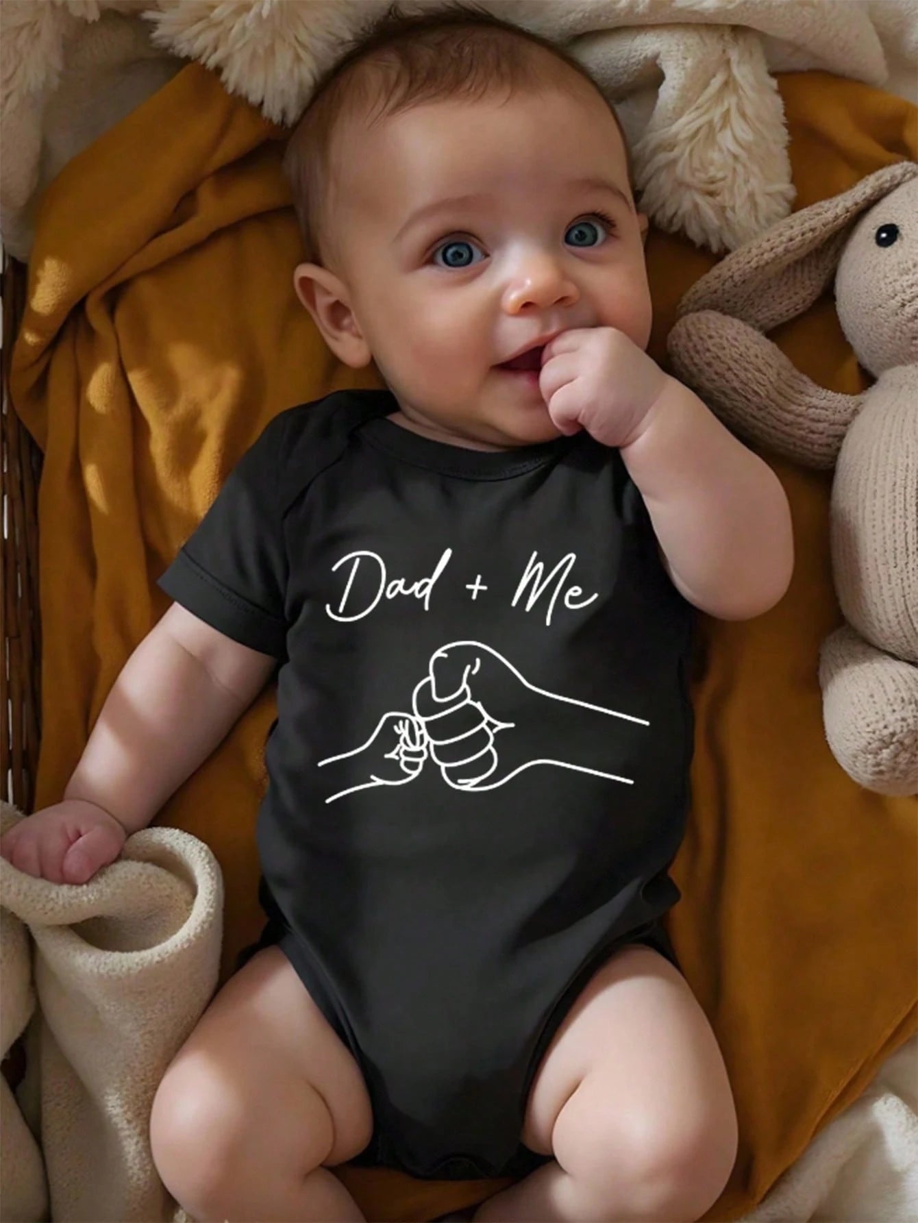 Baby Boy Casual Cartoon Dad + Me Fist Bump Print Short Sleeve Bodysuit, Suitable For Spring/Summer