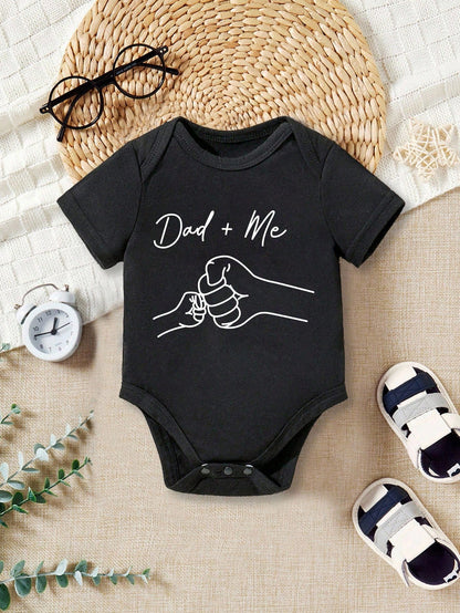 Baby Boy Casual Cartoon Dad + Me Fist Bump Print Short Sleeve Bodysuit, Suitable For Spring/Summer