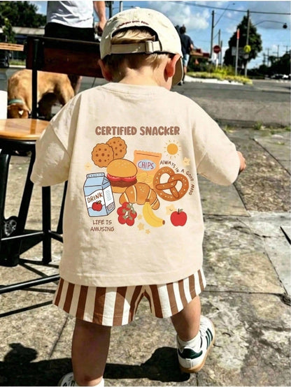 Baby Boy Casual Minimalist Letter Milk Print T-Shirt And Striped Shorts Set, Suitable For Summer And Autumn
