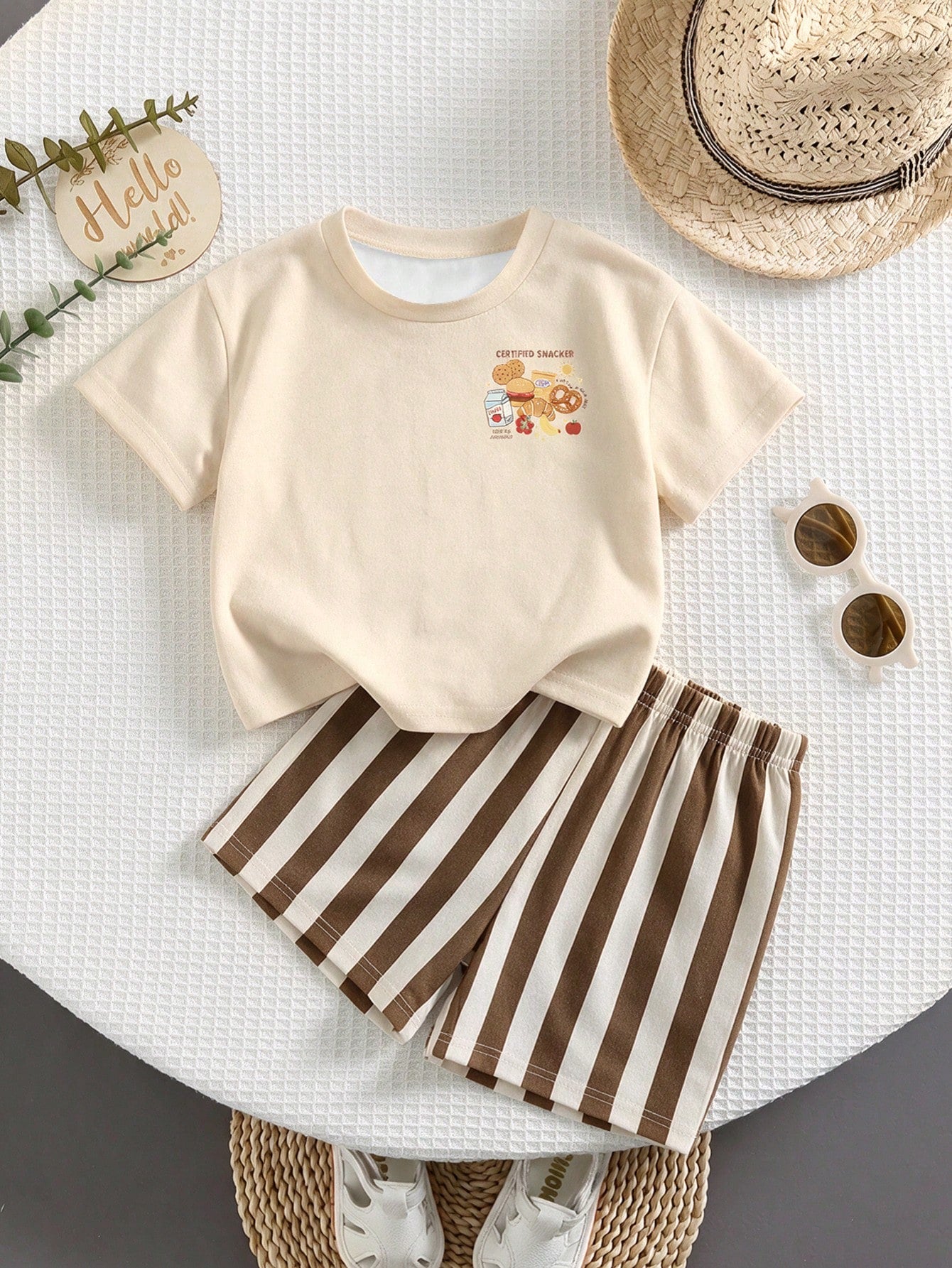 Baby Boy Casual Minimalist Letter Milk Print T-Shirt And Striped Shorts Set, Suitable For Summer And Autumn