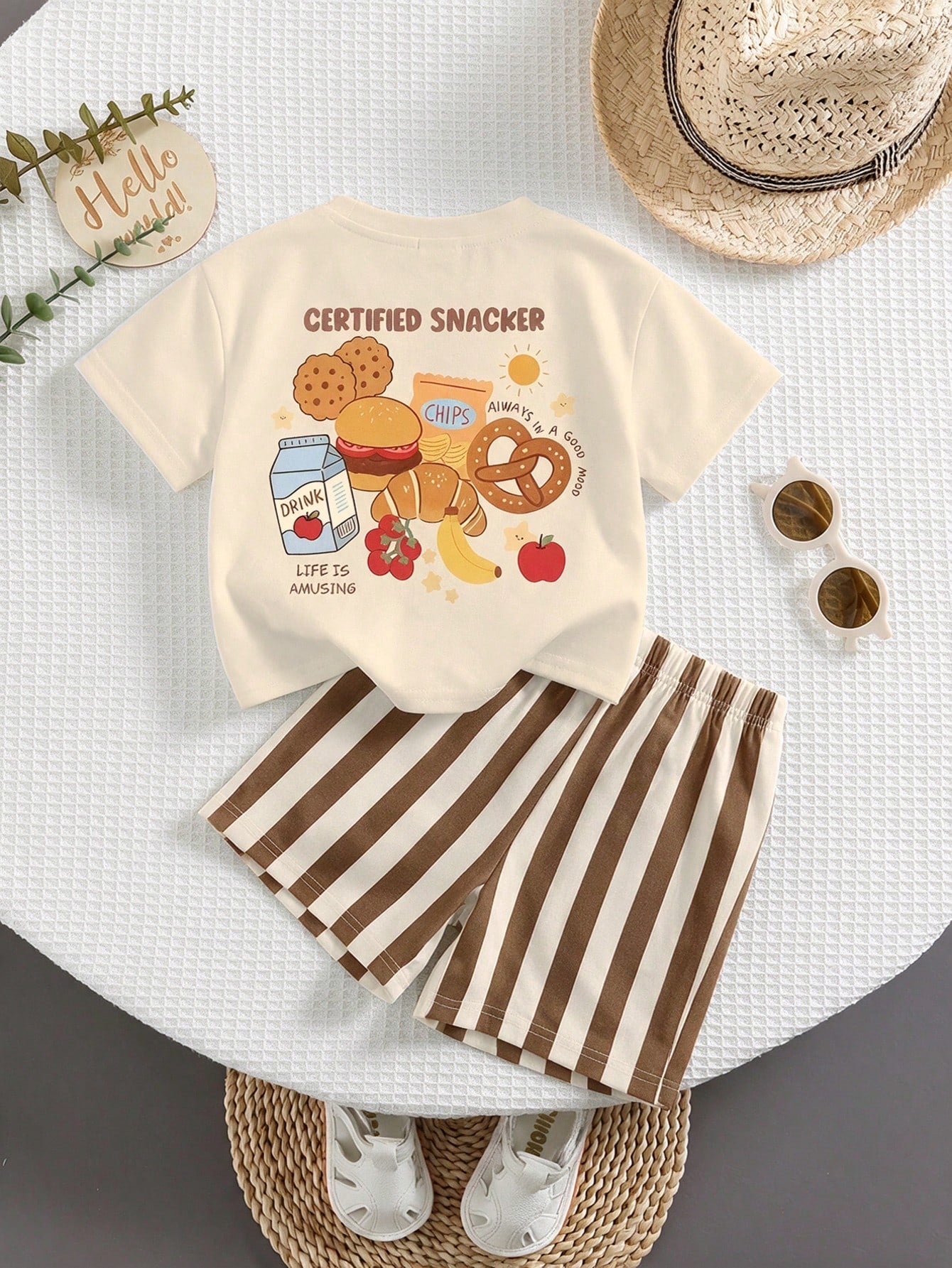 Baby Boy Casual Minimalist Letter Milk Print T-Shirt And Striped Shorts Set, Suitable For Summer And Autumn