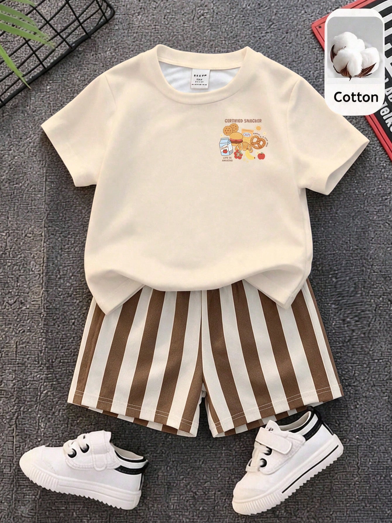 Baby Boy Casual Minimalist Letter Milk Print T-Shirt And Striped Shorts Set, Suitable For Summer And Autumn