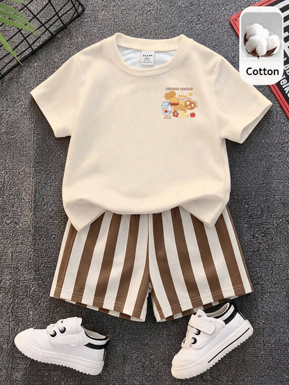 Baby Boy Casual Minimalist Letter Milk Print T-Shirt And Striped Shorts Set, Suitable For Summer And Autumn