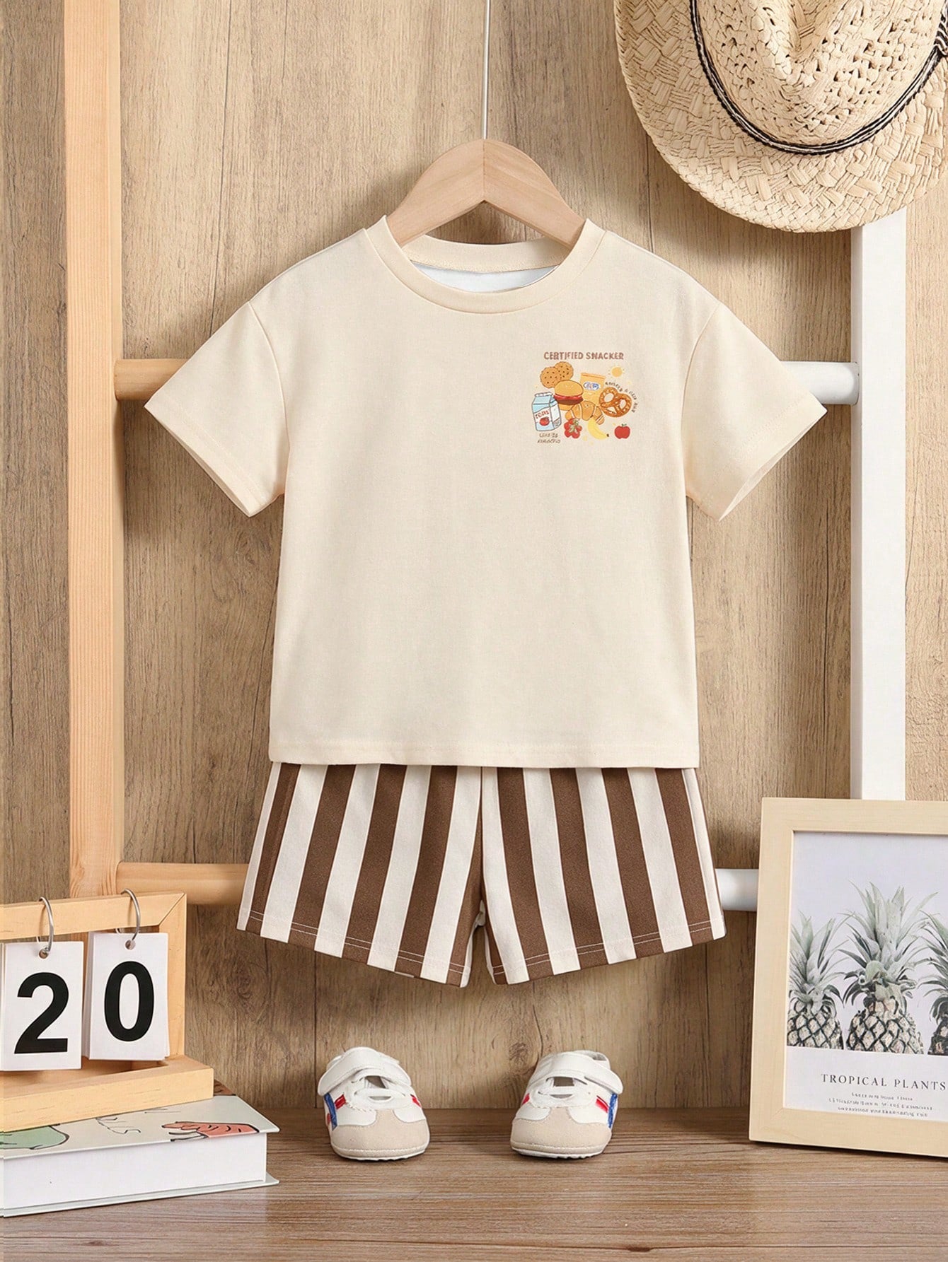 Baby Boy Casual Minimalist Letter Milk Print T-Shirt And Striped Shorts Set, Suitable For Summer And Autumn
