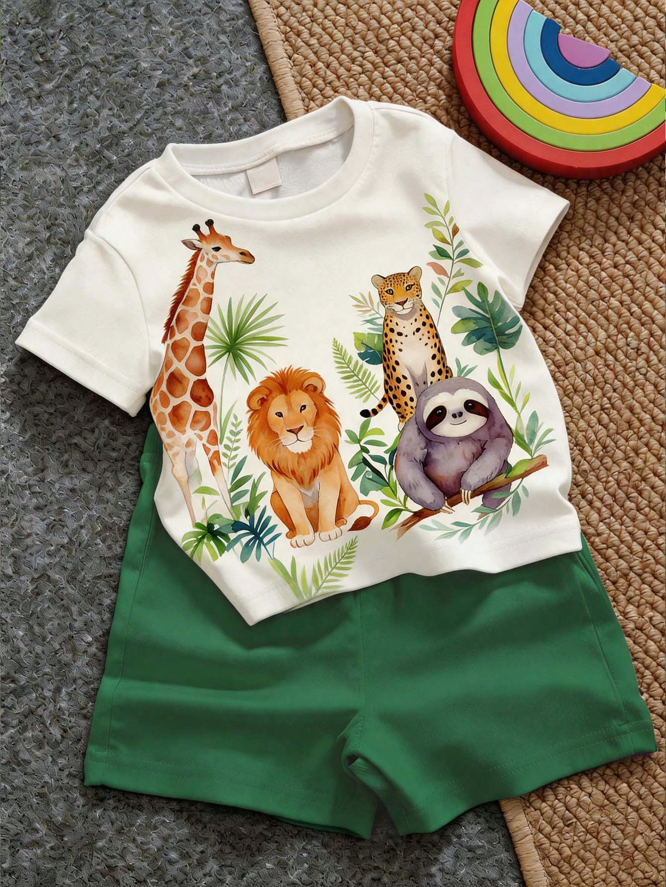 Baby Boy Casual Minimalist Letter Milk Print T-Shirt And Striped Shorts Set, Suitable For Summer And Autumn