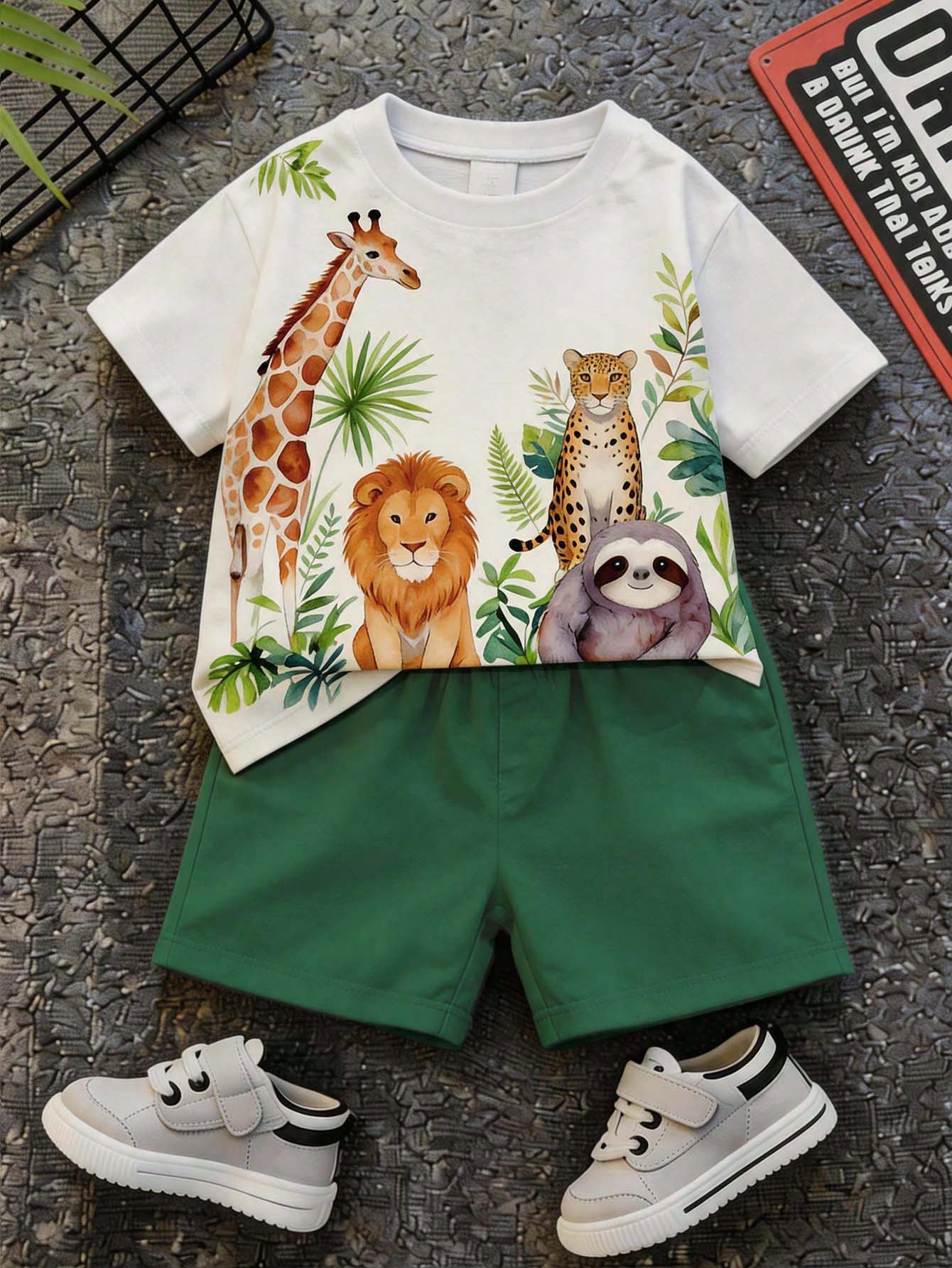 Baby Boy Casual Minimalist Letter Milk Print T-Shirt And Striped Shorts Set, Suitable For Summer And Autumn