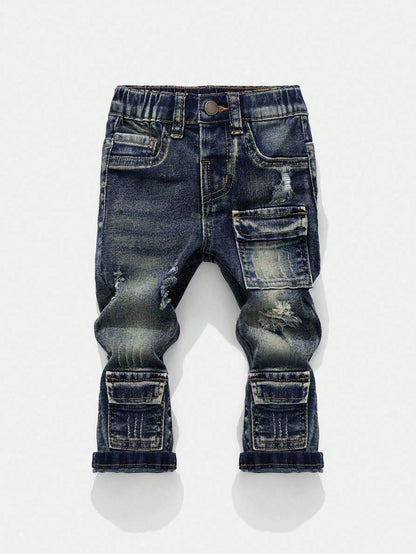 Baby Boy Fashionable Retro Design Distressed Vintage Washed Ripped Frayed High Stretch Slim Fit Blue Jeans With Cargo Pocket,Leisure And Versatile For Baby Fall/Winter Daily Wear