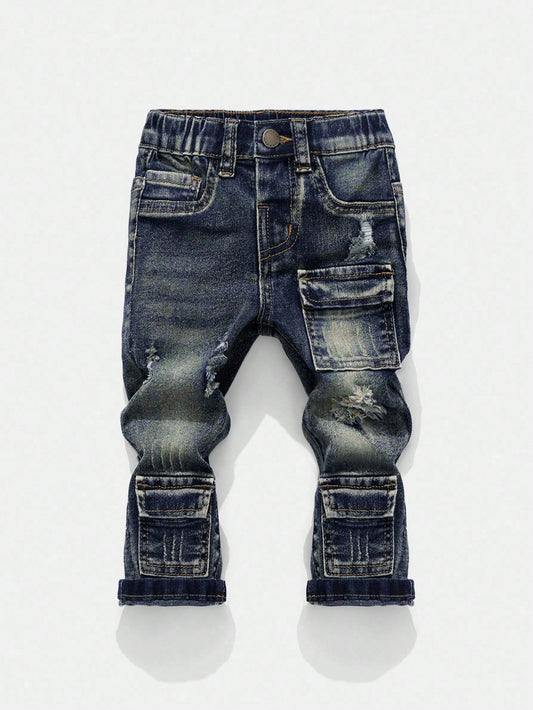 Baby Boy Fashionable Retro Design Distressed Vintage Washed Ripped Frayed High Stretch Slim Fit Blue Jeans With Cargo Pocket,Leisure And Versatile For Baby Fall/Winter Daily Wear