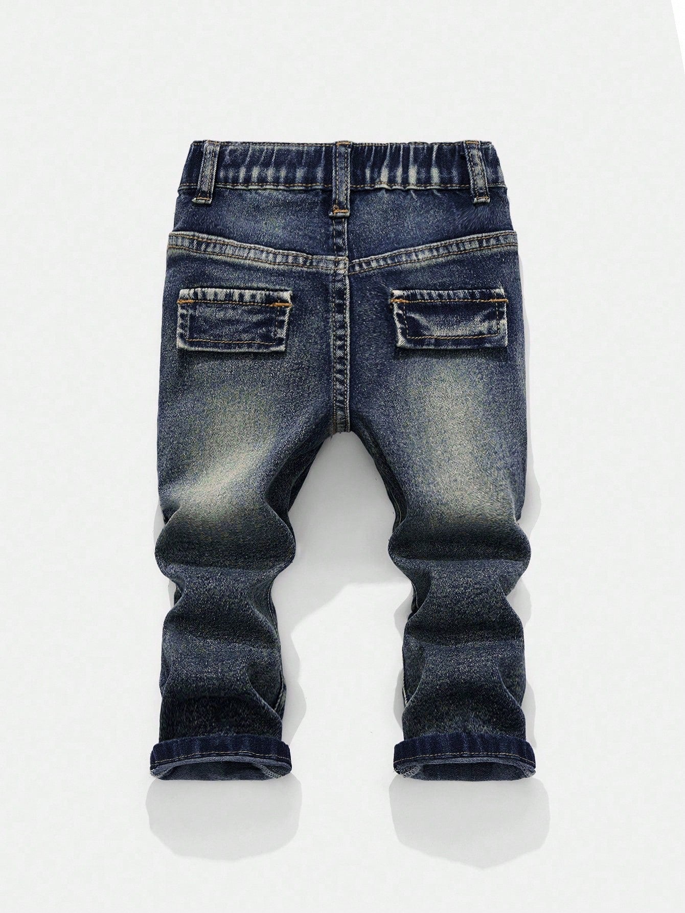 Baby Boy Fashionable Retro Design Distressed Vintage Washed Ripped Frayed High Stretch Slim Fit Blue Jeans With Cargo Pocket,Leisure And Versatile For Baby Fall/Winter Daily Wear