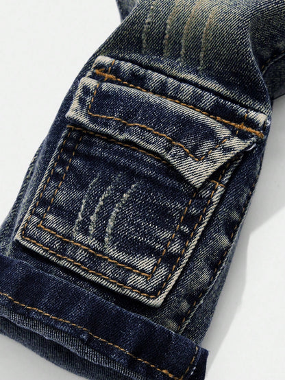 Baby Boy Fashionable Retro Design Distressed Vintage Washed Ripped Frayed High Stretch Slim Fit Blue Jeans With Cargo Pocket,Leisure And Versatile For Baby Fall/Winter Daily Wear