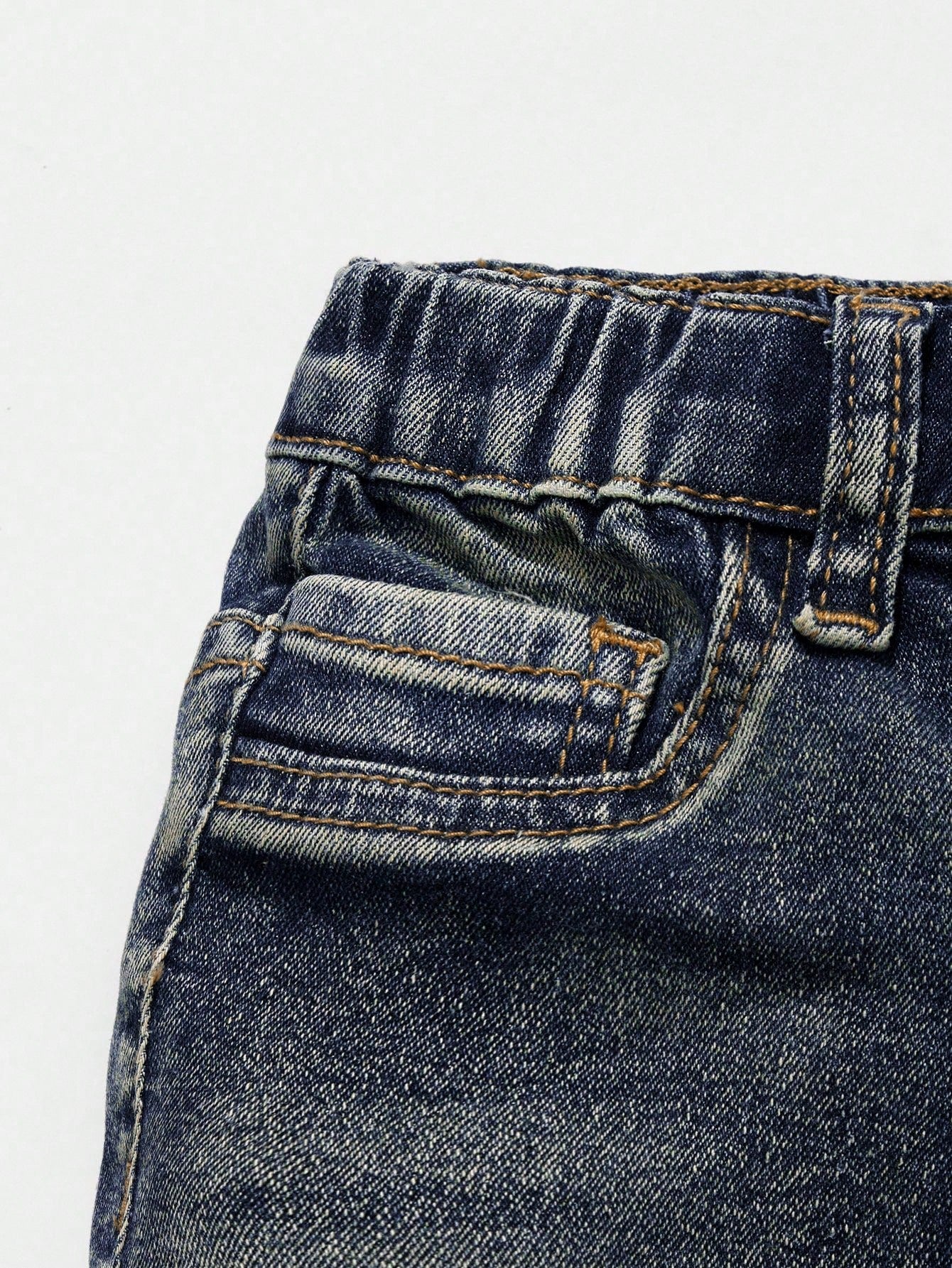 Baby Boy Fashionable Retro Design Distressed Vintage Washed Ripped Frayed High Stretch Slim Fit Blue Jeans With Cargo Pocket,Leisure And Versatile For Baby Fall/Winter Daily Wear