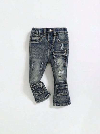 Baby Boy Fashionable Retro Design Distressed Vintage Washed Ripped Frayed High Stretch Slim Fit Blue Jeans With Cargo Pocket,Leisure And Versatile For Baby Fall/Winter Daily Wear