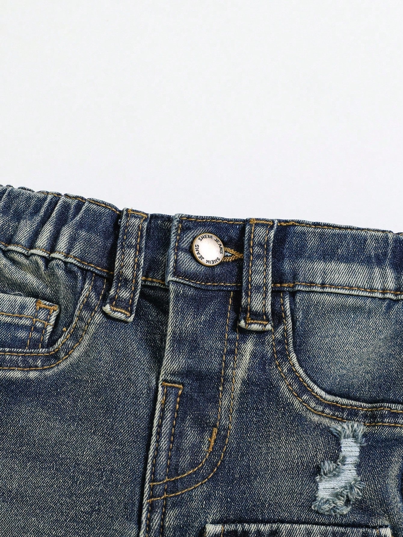 Baby Boy Fashionable Retro Design Distressed Vintage Washed Ripped Frayed High Stretch Slim Fit Blue Jeans With Cargo Pocket,Leisure And Versatile For Baby Fall/Winter Daily Wear