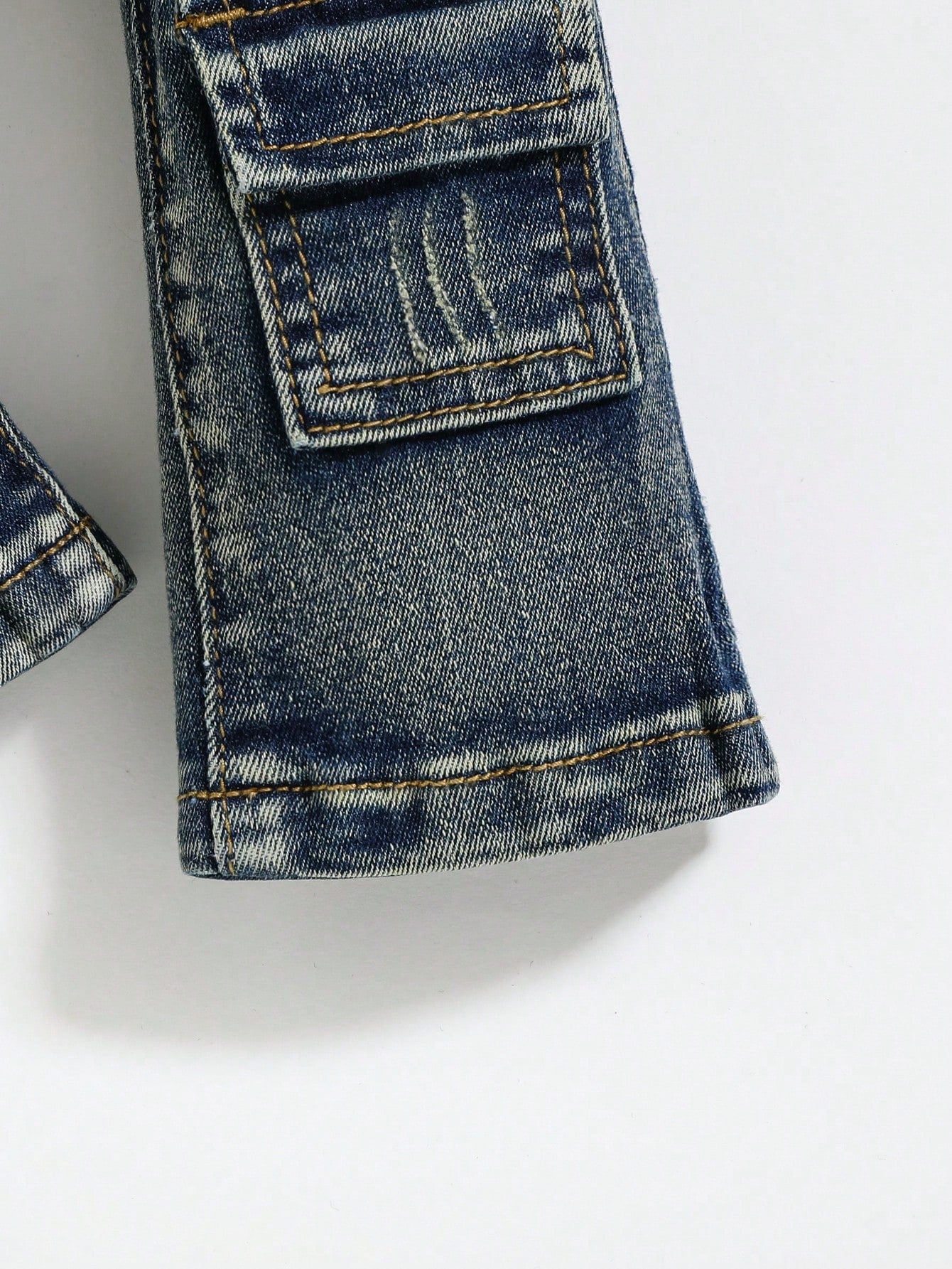 Baby Boy Fashionable Retro Design Distressed Vintage Washed Ripped Frayed High Stretch Slim Fit Blue Jeans With Cargo Pocket,Leisure And Versatile For Baby Fall/Winter Daily Wear