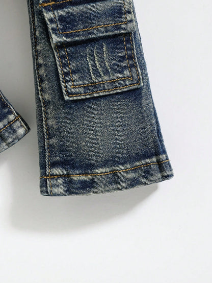 Baby Boy Fashionable Retro Design Distressed Vintage Washed Ripped Frayed High Stretch Slim Fit Blue Jeans With Cargo Pocket,Leisure And Versatile For Baby Fall/Winter Daily Wear