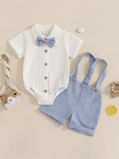 Baby Boy Gentleman Outfit Solid Color Short Sleeve Lapel Neck Romper With Stripe Suspender Shorts And Bowtie