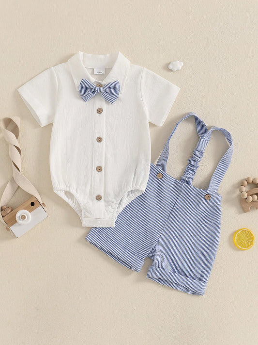 Baby Boy Gentleman Outfit Solid Color Short Sleeve Lapel Neck Romper With Stripe Suspender Shorts And Bowtie