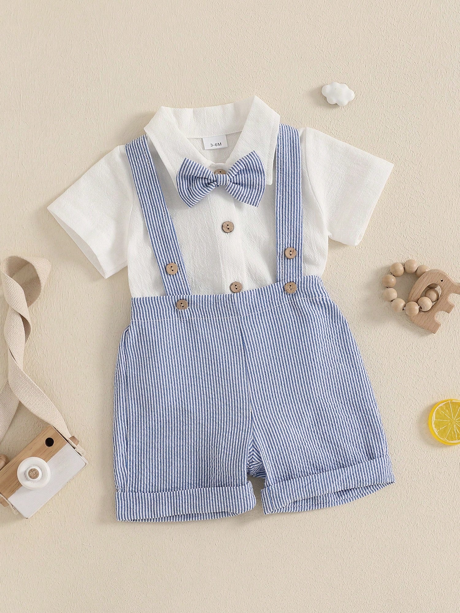 Baby Boy Gentleman Outfit Solid Color Short Sleeve Lapel Neck Romper With Stripe Suspender Shorts And Bowtie