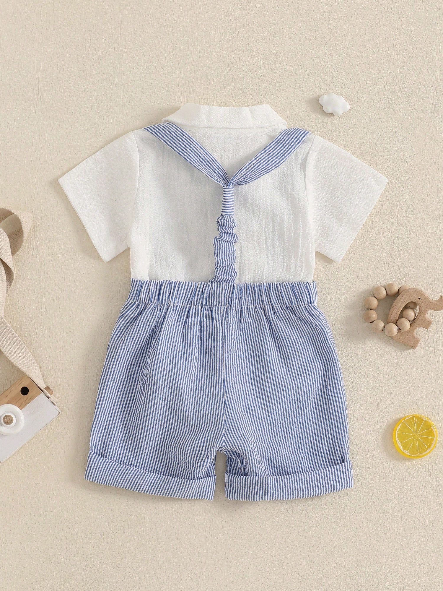 Baby Boy Gentleman Outfit Solid Color Short Sleeve Lapel Neck Romper With Stripe Suspender Shorts And Bowtie