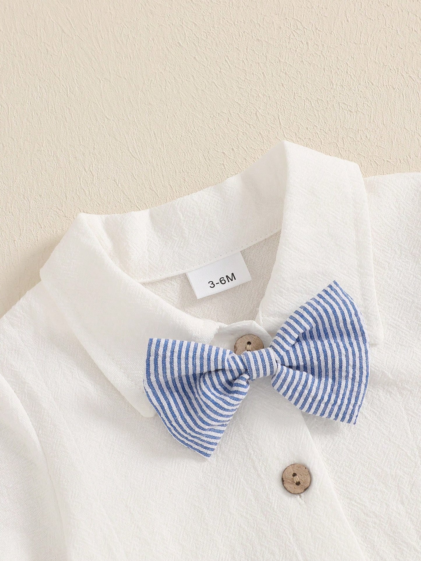 Baby Boy Gentleman Outfit Solid Color Short Sleeve Lapel Neck Romper With Stripe Suspender Shorts And Bowtie