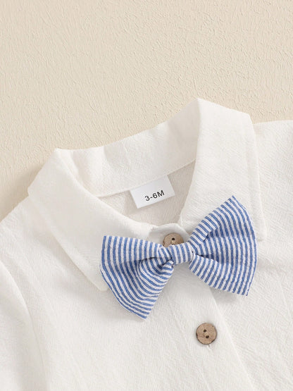Baby Boy Gentleman Outfit Solid Color Short Sleeve Lapel Neck Romper With Stripe Suspender Shorts And Bowtie
