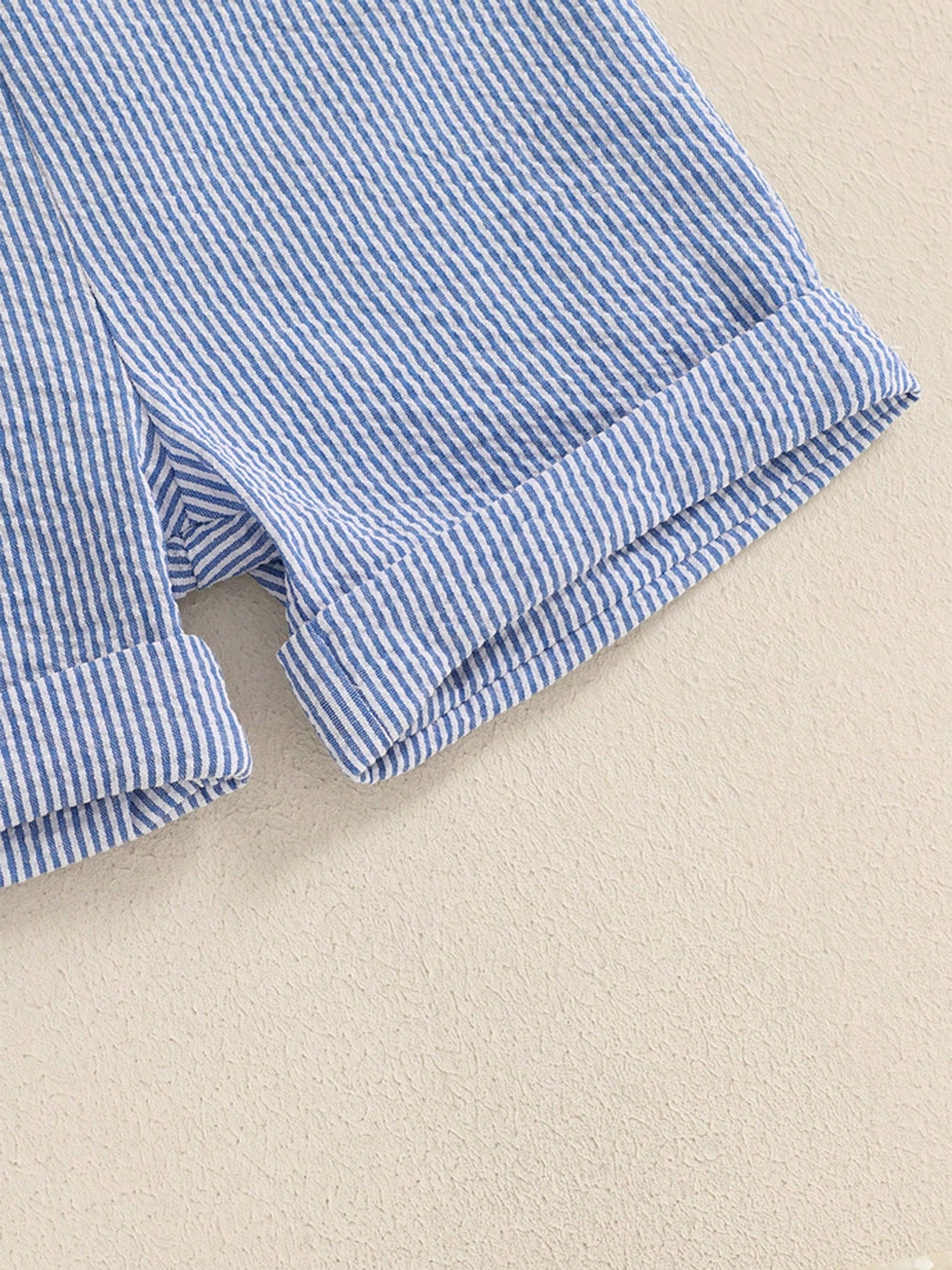 Baby Boy Gentleman Outfit Solid Color Short Sleeve Lapel Neck Romper With Stripe Suspender Shorts And Bowtie