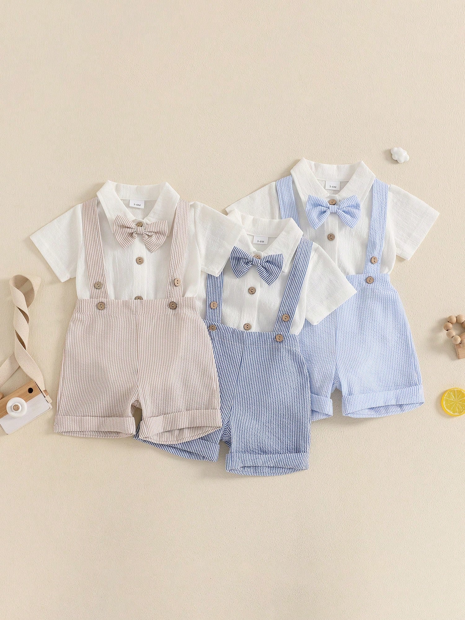 Baby Boy Gentleman Outfit Solid Color Short Sleeve Lapel Neck Romper With Stripe Suspender Shorts And Bowtie