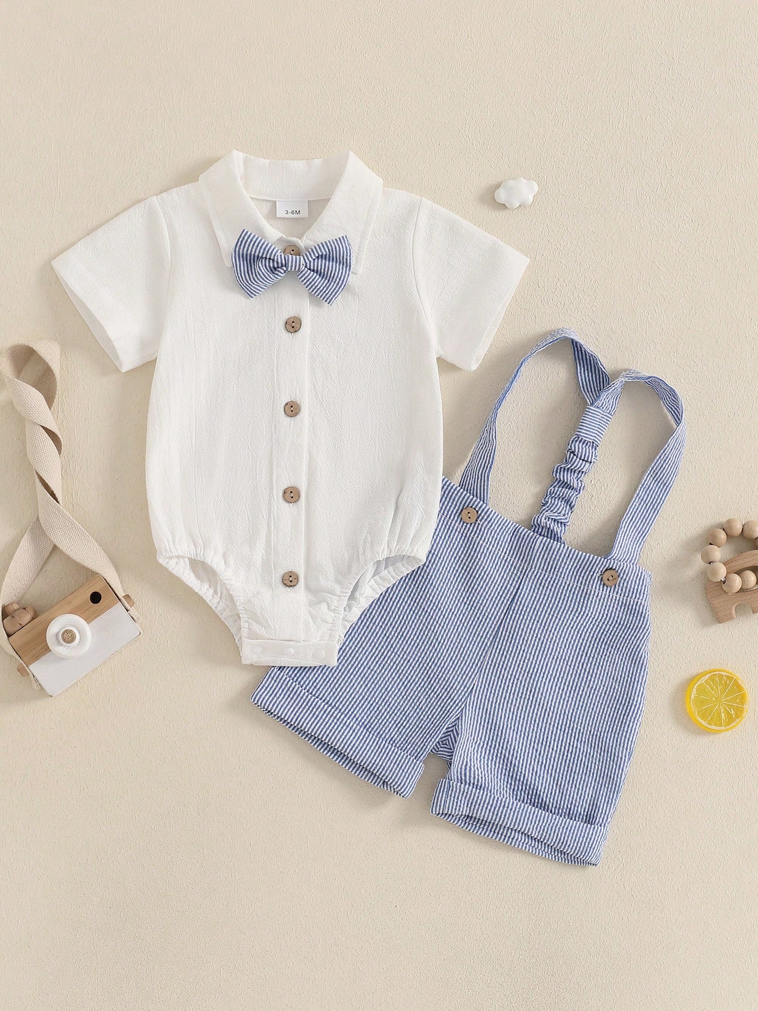 Baby Boy Gentleman Outfit Solid Color Short Sleeve Lapel Neck Romper With Stripe Suspender Shorts And Bowtie