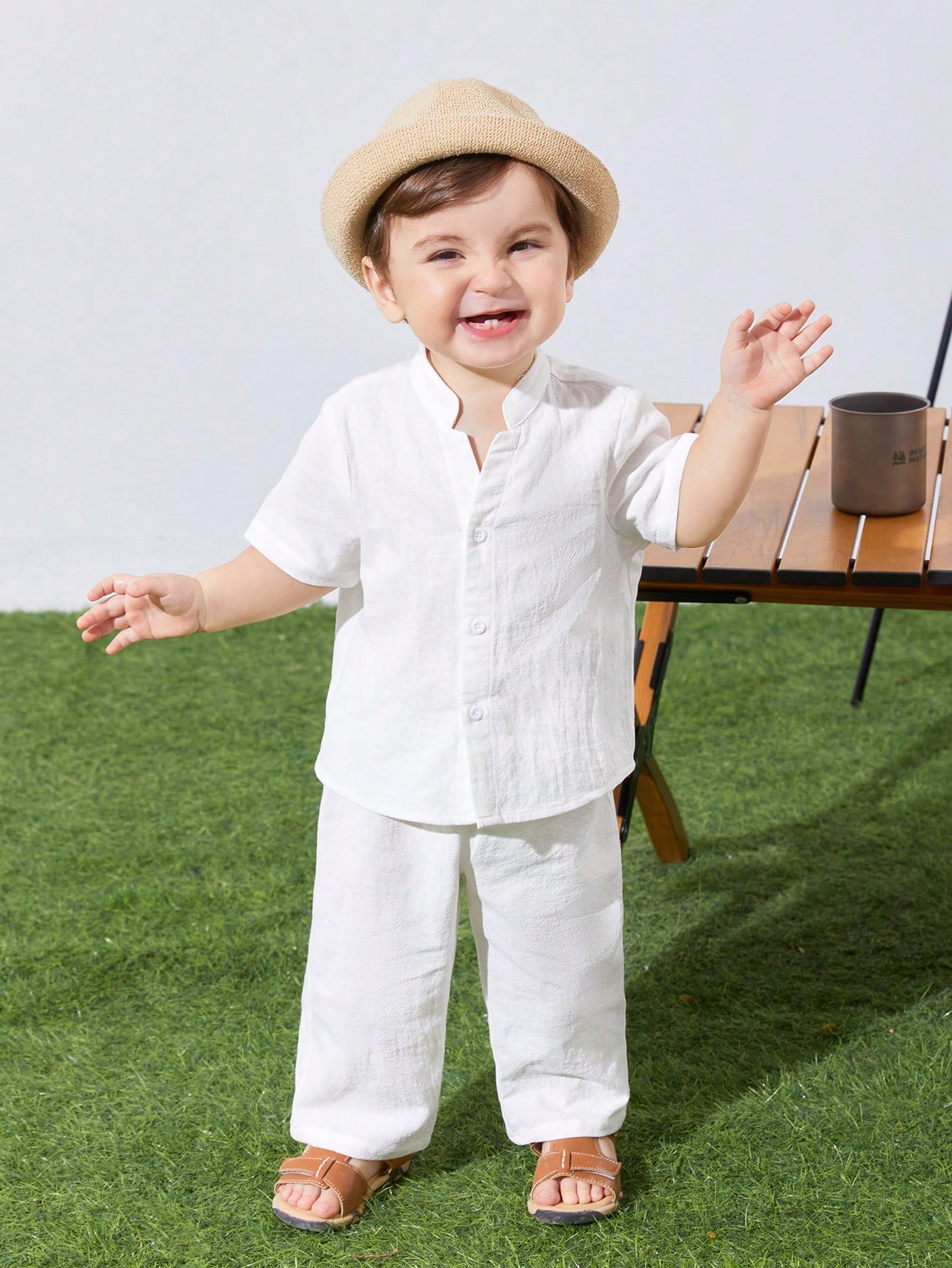 Baby Boy/Girl 2Pcs White Summer Casual Vacation Set,Loose Stand Collar Plain Short Sleeve Shirt & Pants Outfit,Suitable For Spring,Autumn Outings