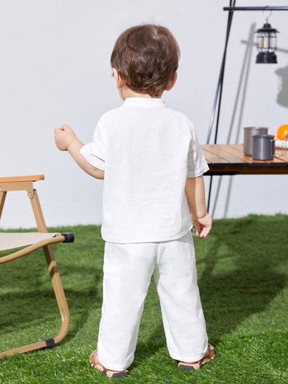 Baby Boy/Girl 2Pcs White Summer Casual Vacation Set,Loose Stand Collar Plain Short Sleeve Shirt & Pants Outfit,Suitable For Spring,Autumn Outings