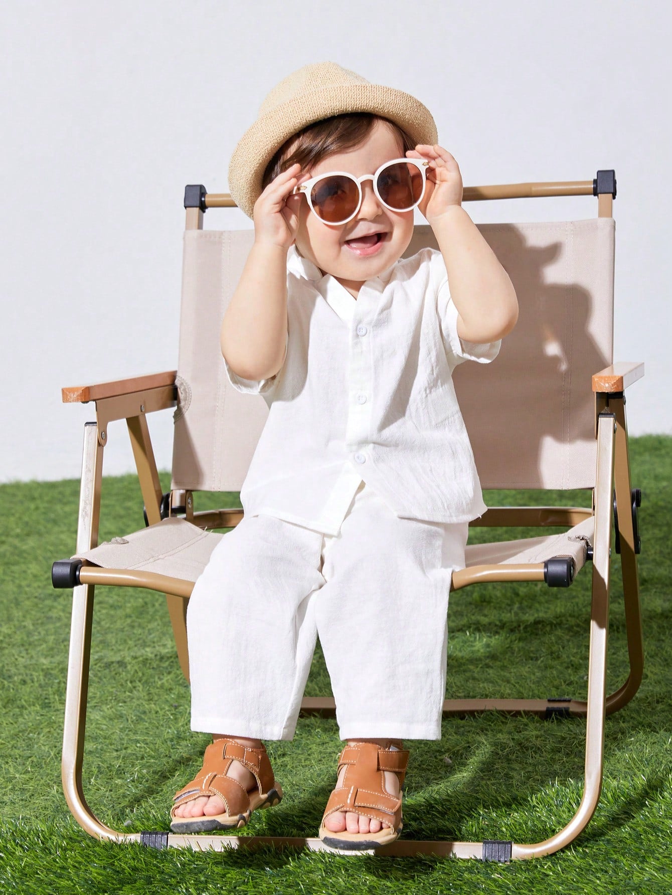 Baby Boy/Girl 2Pcs White Summer Casual Vacation Set,Loose Stand Collar Plain Short Sleeve Shirt & Pants Outfit,Suitable For Spring,Autumn Outings